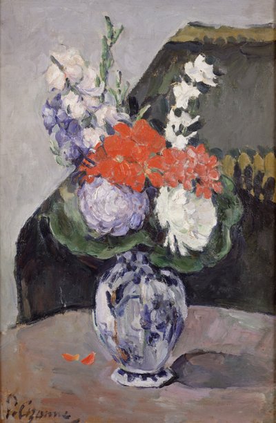 Flores en un pequeño jarrón de Delft, c.1873 de Paul Cézanne